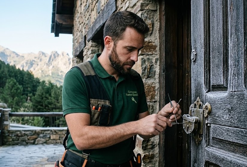 Cerrajero reparando cerradura atascada por el frío en Huétor